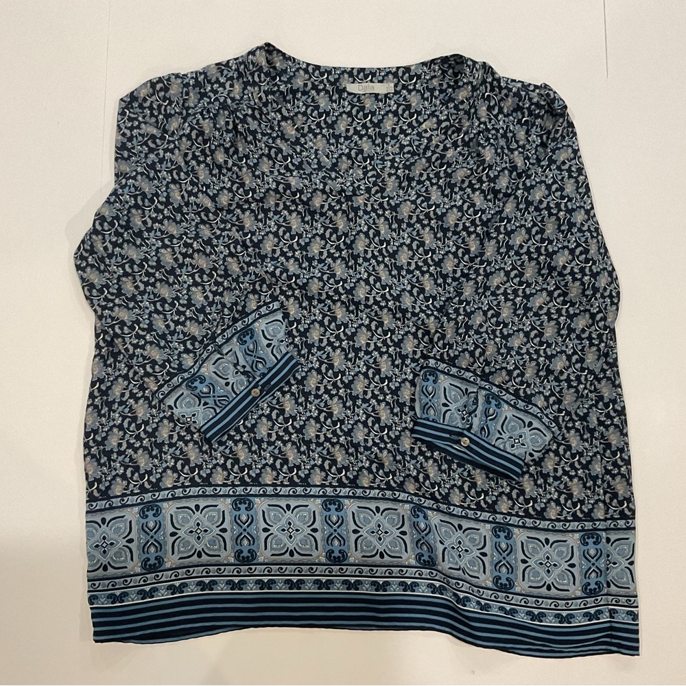 EUC - Dalia Blue Floral Border Print Tunic Blouse — Size XL